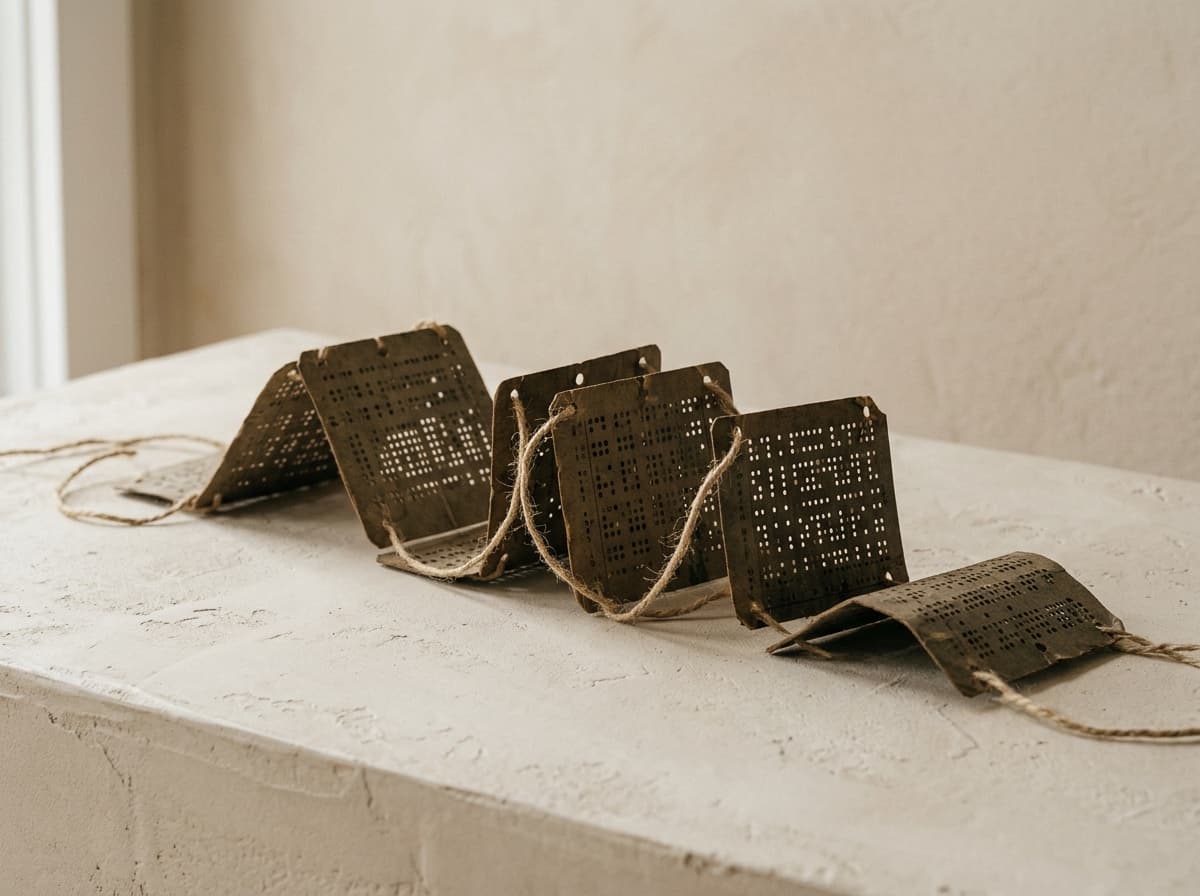 A folded paper ledger standing on a plaster table