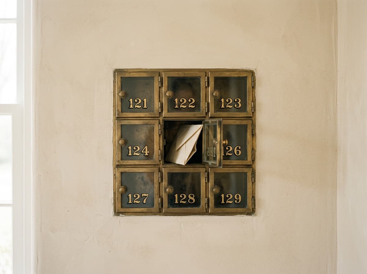 A wall of numbered brass mailboxes
