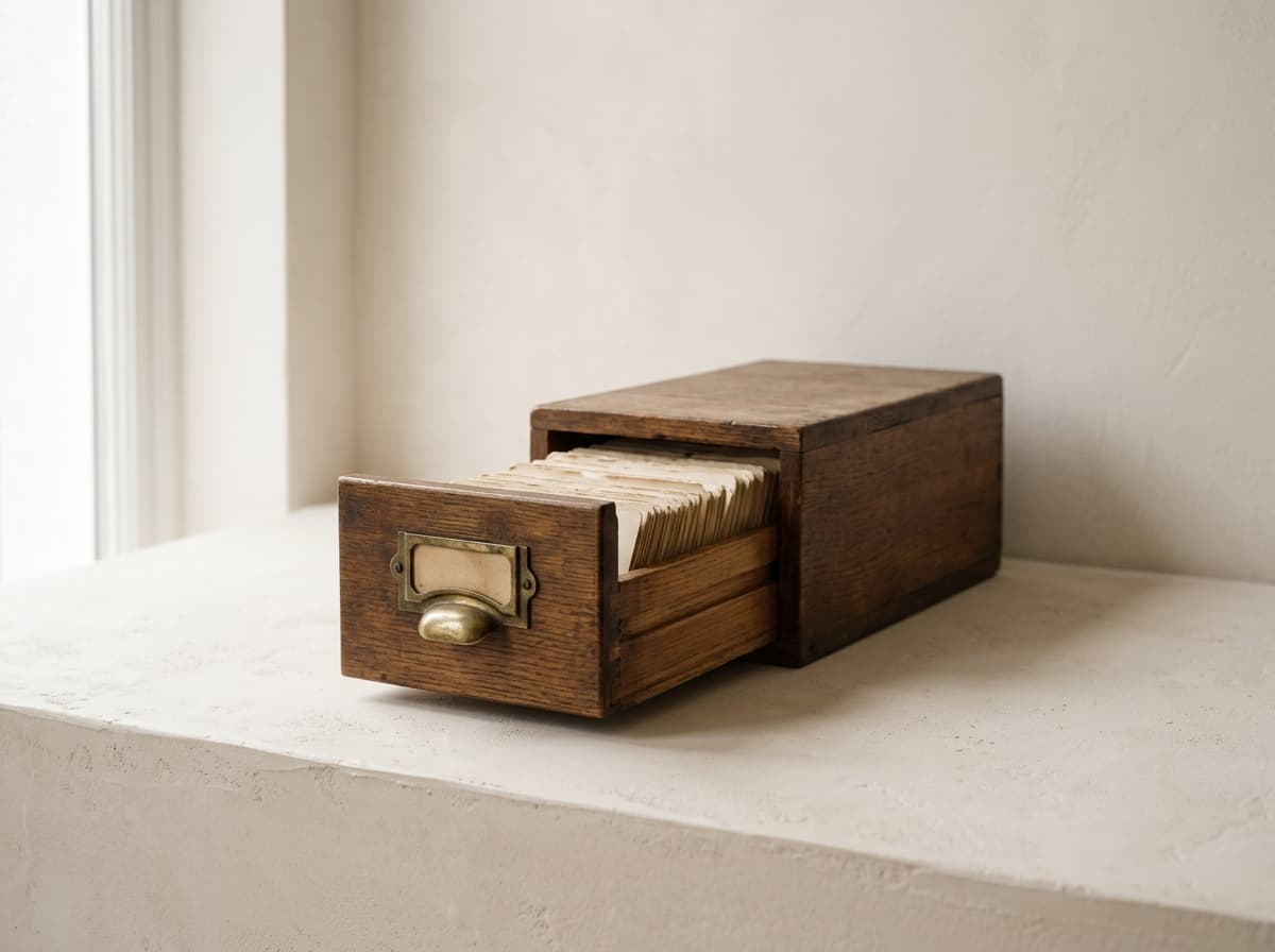 An open wooden card-catalog drawer