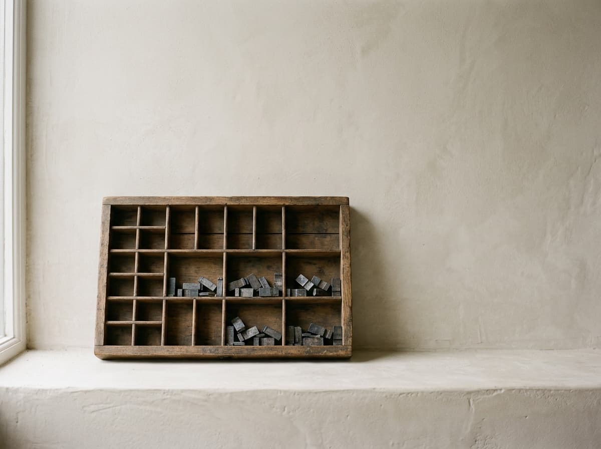 A wooden letterpress type case on a plaster shelf